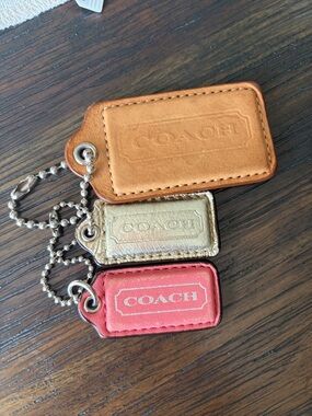 COACH Tan, Red, Gold Leather Key & Card Tag Trio came off a coach Poppy bag